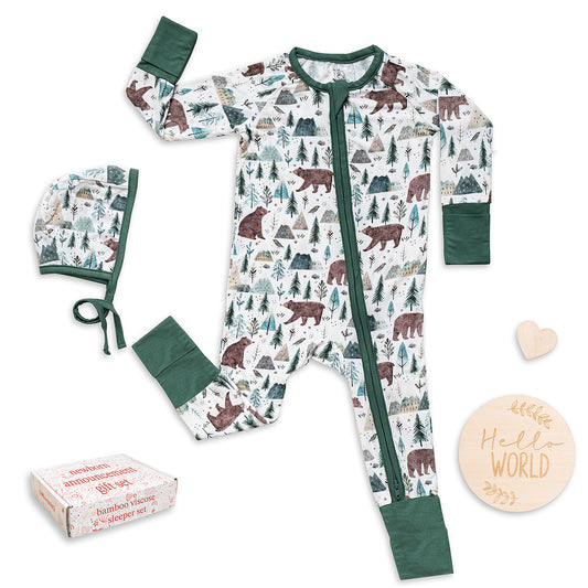 Miaoberry Newborn Bamboo Sleeper Bundle – Bear & Pine Tree Print