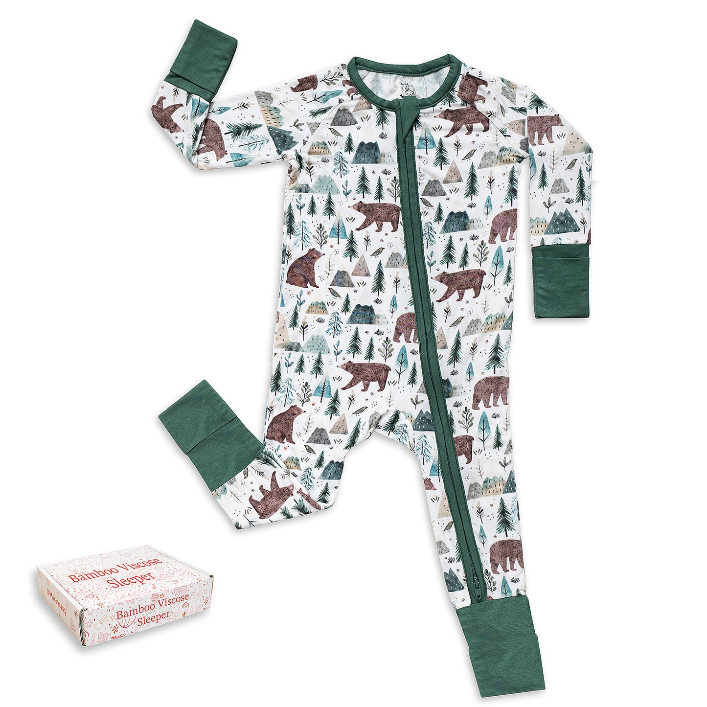 Miaoberry bamboo baby sleeper in bear and pine tree print – soft eco-friendly convertible pajamas for boys