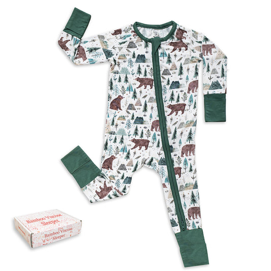 Miaoberry bamboo baby sleeper in bear and pine tree print – soft eco-friendly convertible pajamas for boys