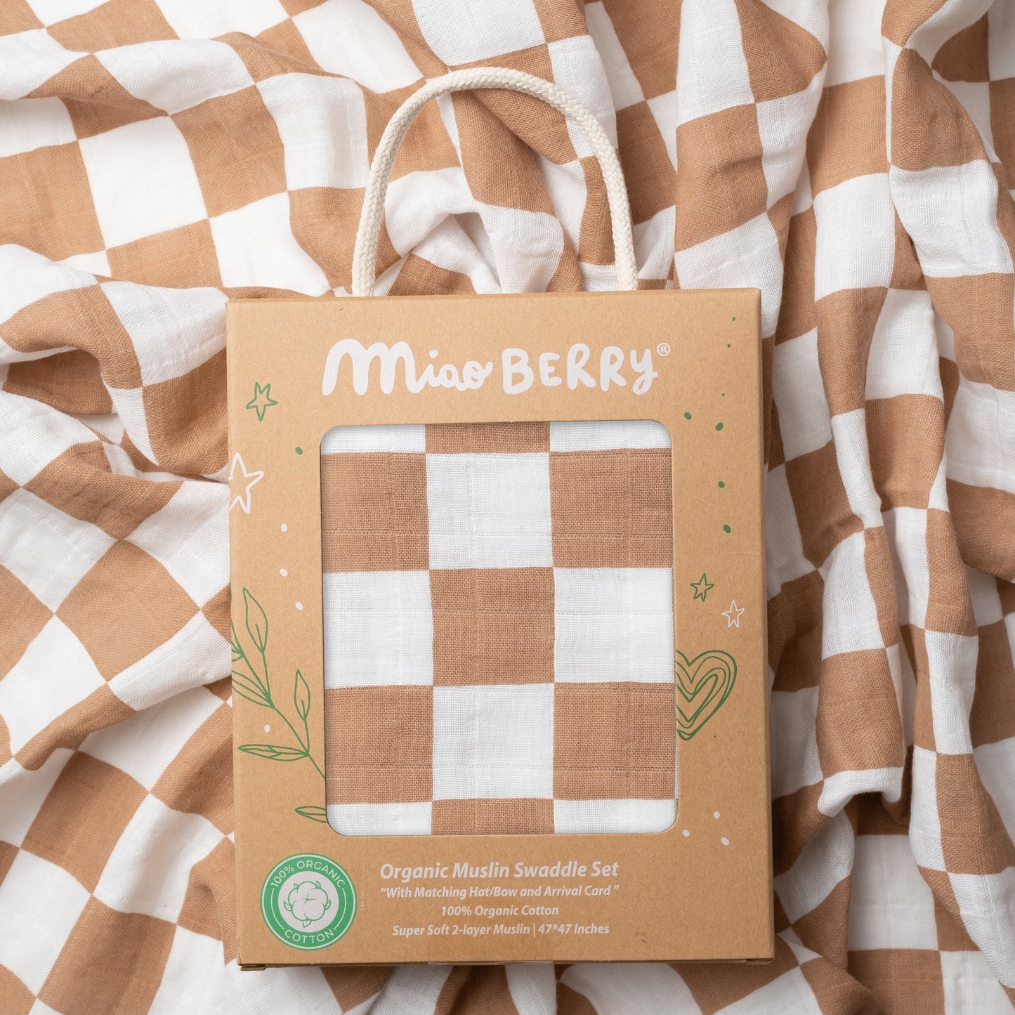 Organic Muslin Swaddle Set with Matching Beanie and Bow, Checkered Latte