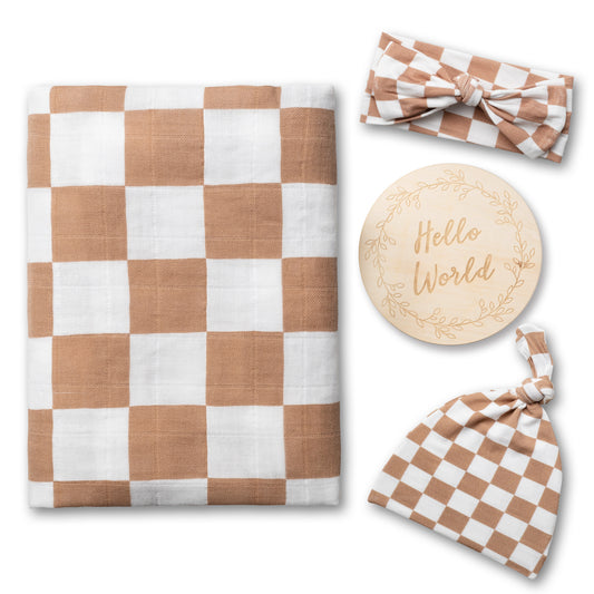 Organic Muslin Swaddle Set with Matching Beanie and Bow, Checkered Latte