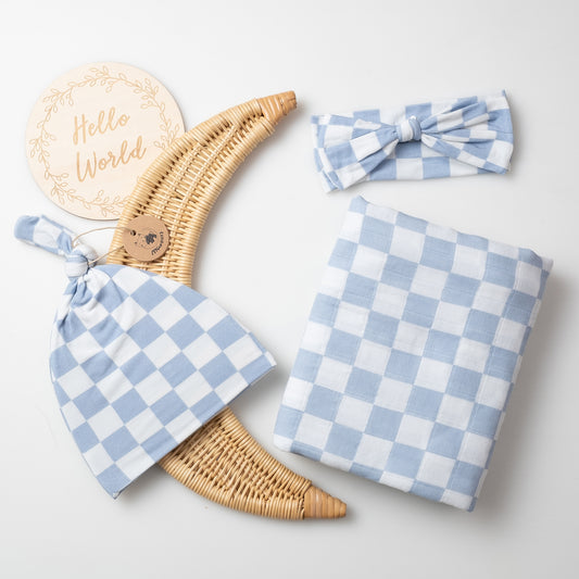 Miaoberry Mist Blue Checkered Swaddle Set with Matching Hat and Bow