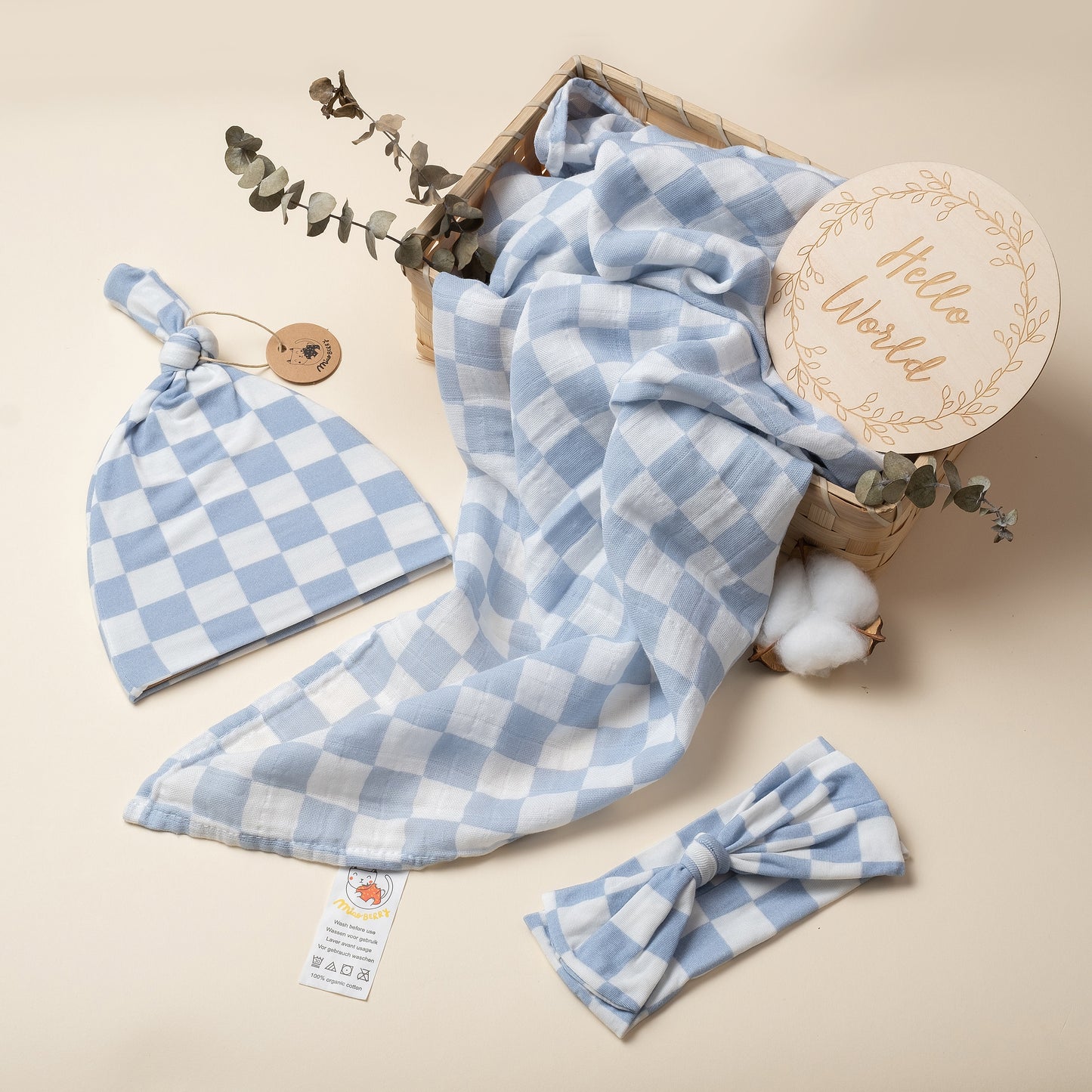 Miaoberry Mist Blue Checkered Swaddle Set with Matching Hat and Bow