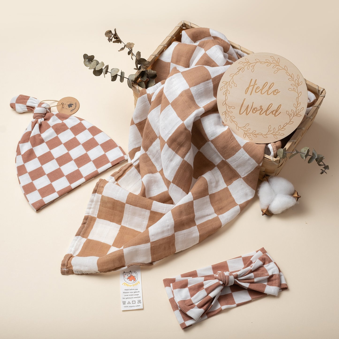 Organic Muslin Swaddle Set with Matching Beanie and Bow, Checkered Latte