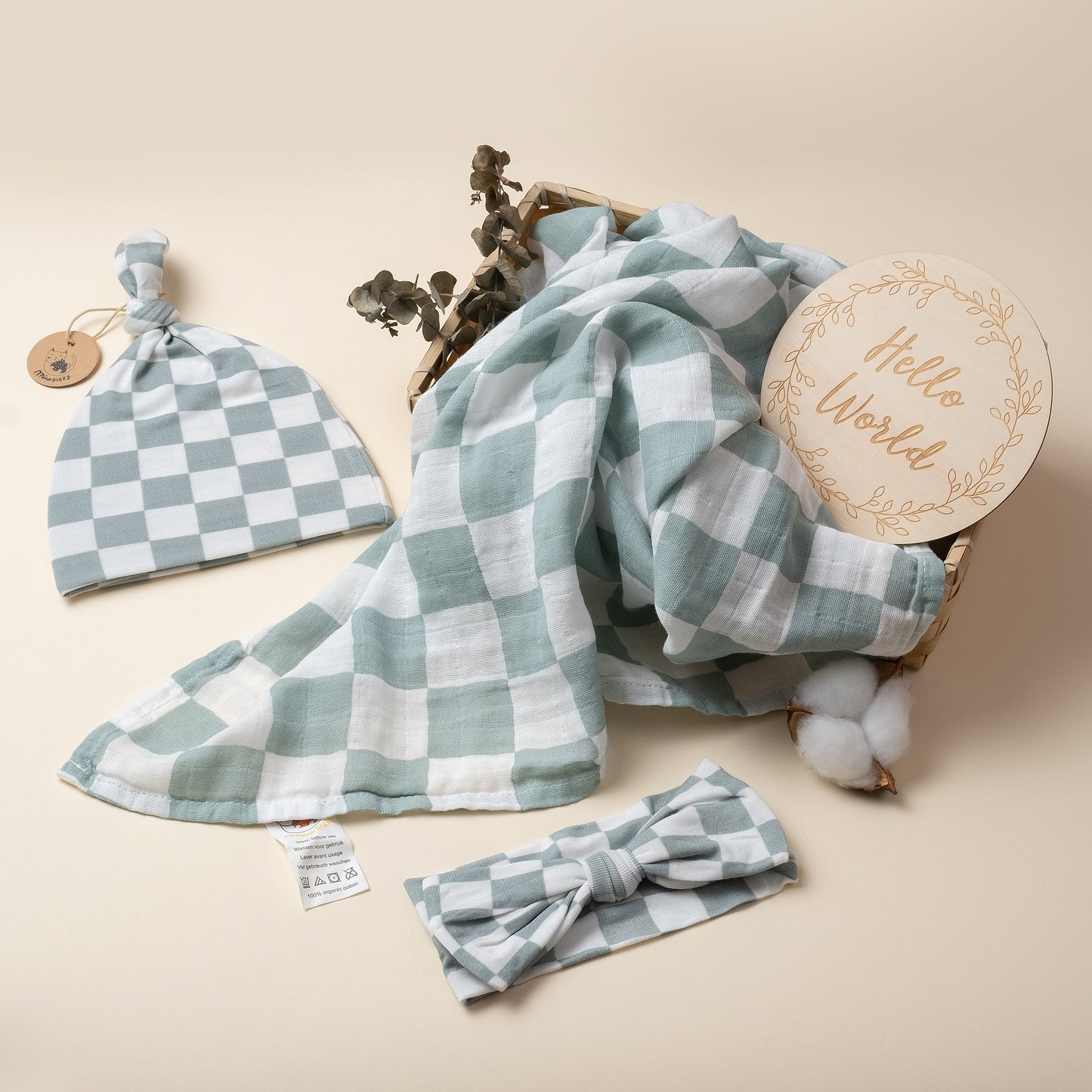 Organic Muslin Swaddle Set with Matching Beanie and Bow, Sage Checkered