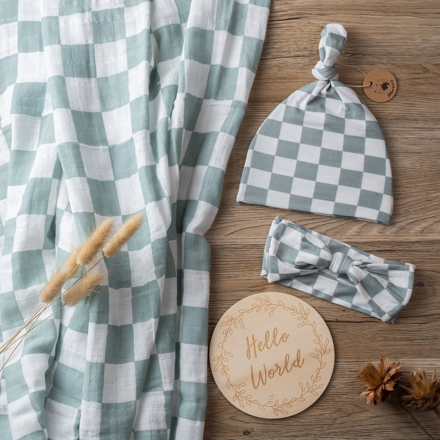 Organic Muslin Swaddle Set with Matching Beanie and Bow, Sage Checkered