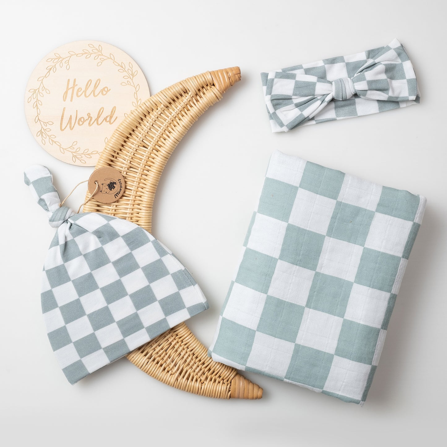 Organic Muslin Swaddle Set with Matching Beanie and Bow, Sage Checkered