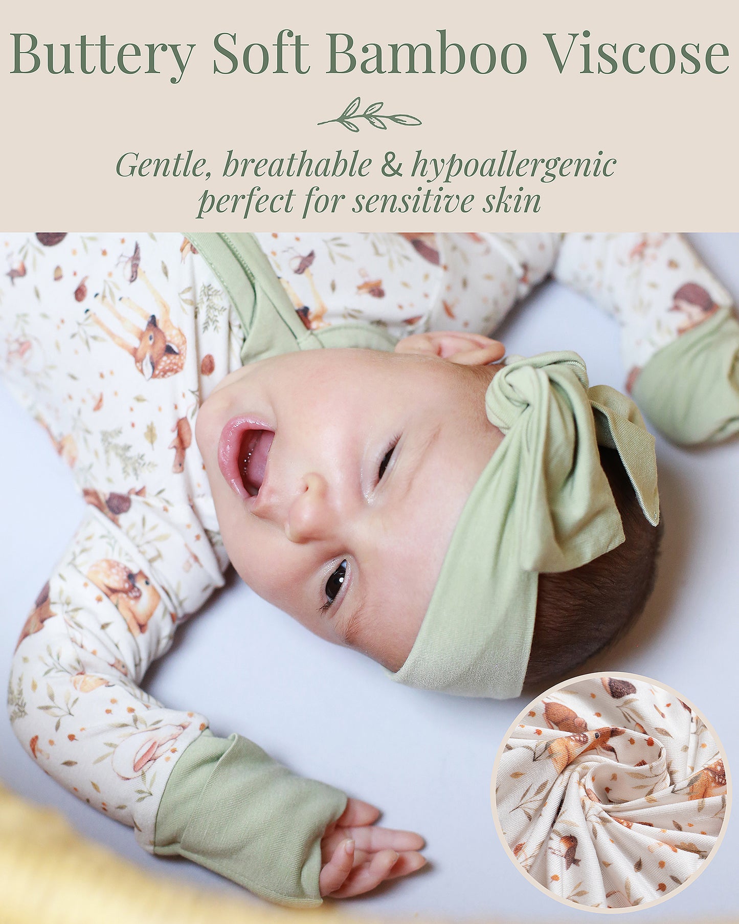 Baby wearing CPSIA Certified safety for infants  bamboo woodland sleeper with fawn squirrel hedgehog bird print, soft and stretchy grow with baby