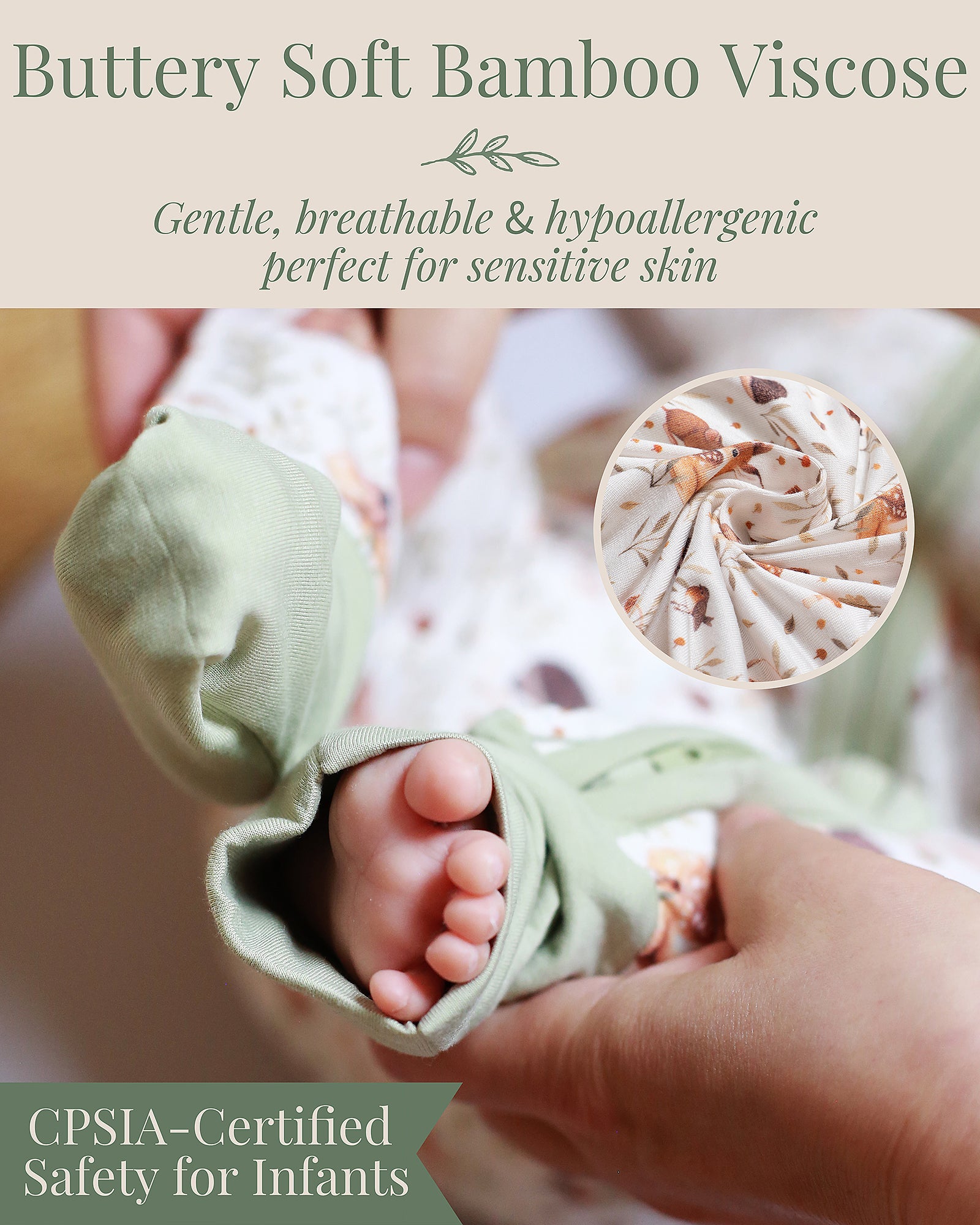 Baby wearing CPSIA Certified safety for infants  bamboo woodland sleeper with fawn little deer print, soft and stretchy grow with baby