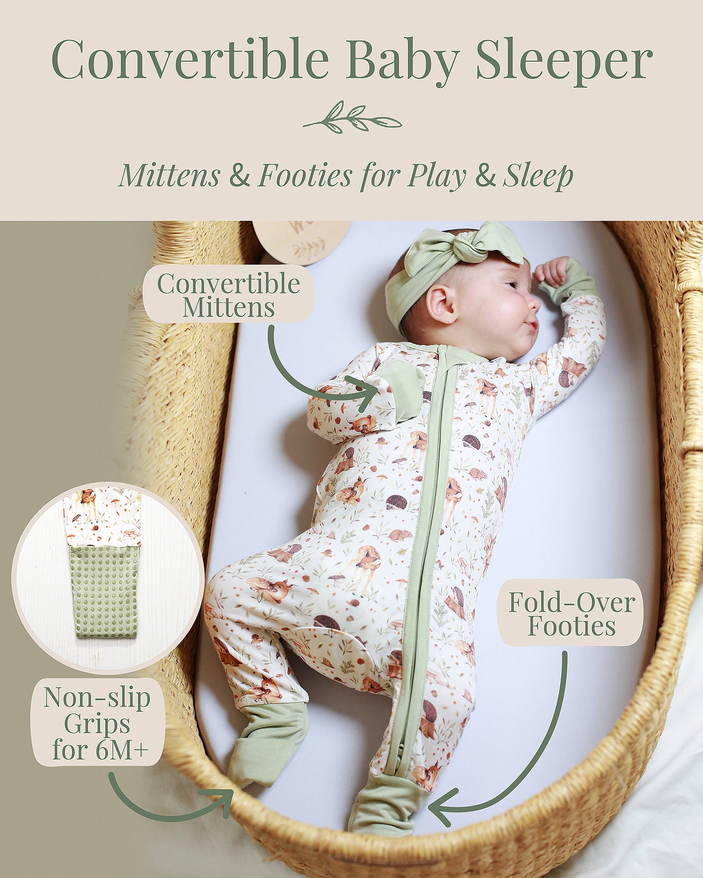 Fold-over mitten and convertible foot cuff detail on bamboo baby sleeper, with non-slip grips for 6 months plus