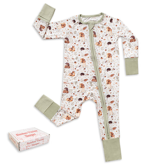 Miaoberry bamboo baby sleeper in woodland print with forest animals – soft eco-friendly pajamas for boys and girls