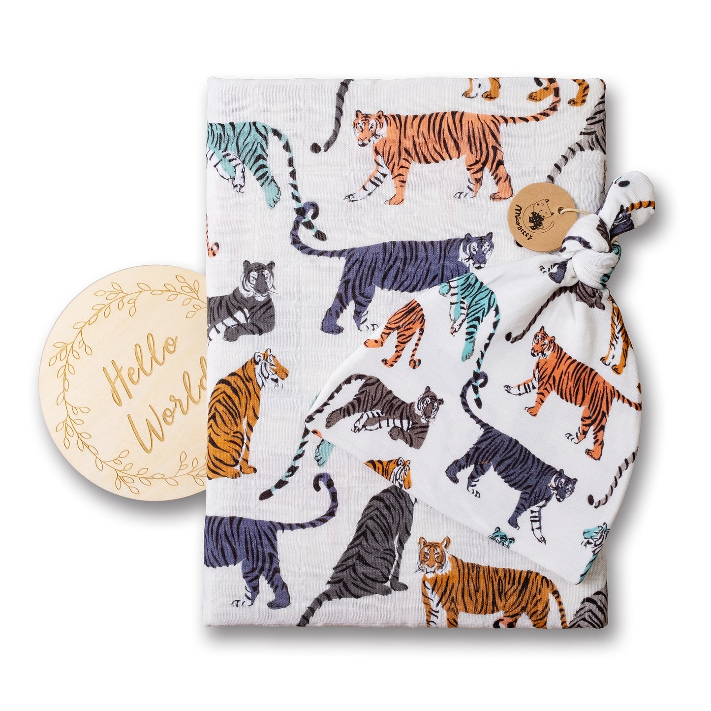 Organic Muslin Swaddle Set with Matching Bow, Tiger (Cream)