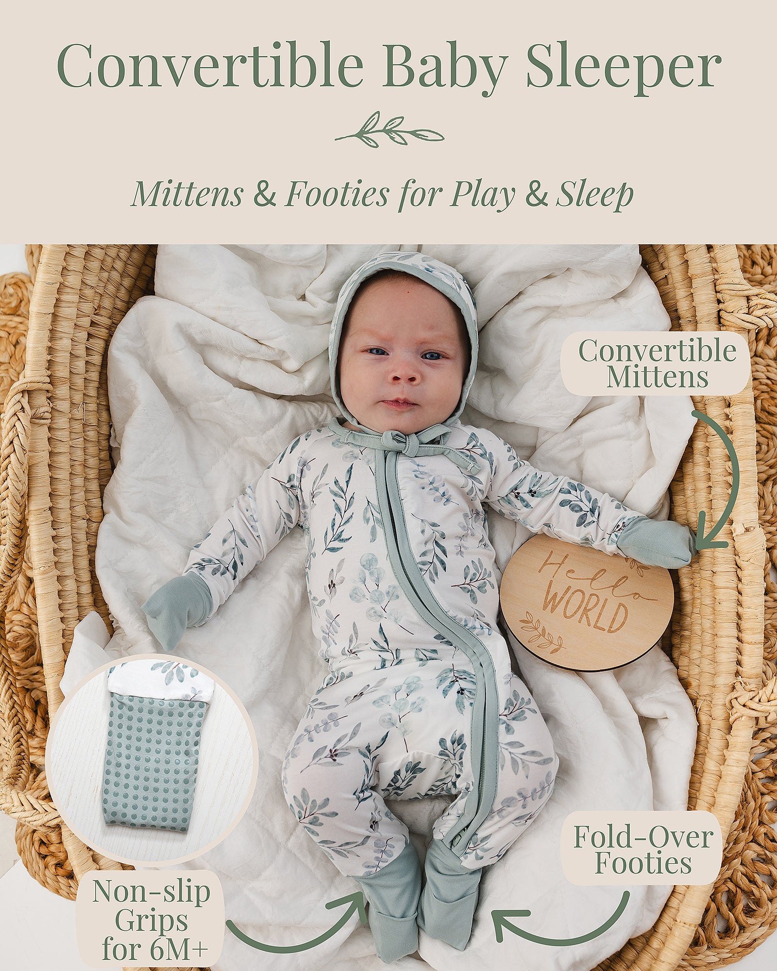 Fold-over mitten and convertible foot cuff detail on bamboo baby sleeper, with non-slip grips for 6 months plus