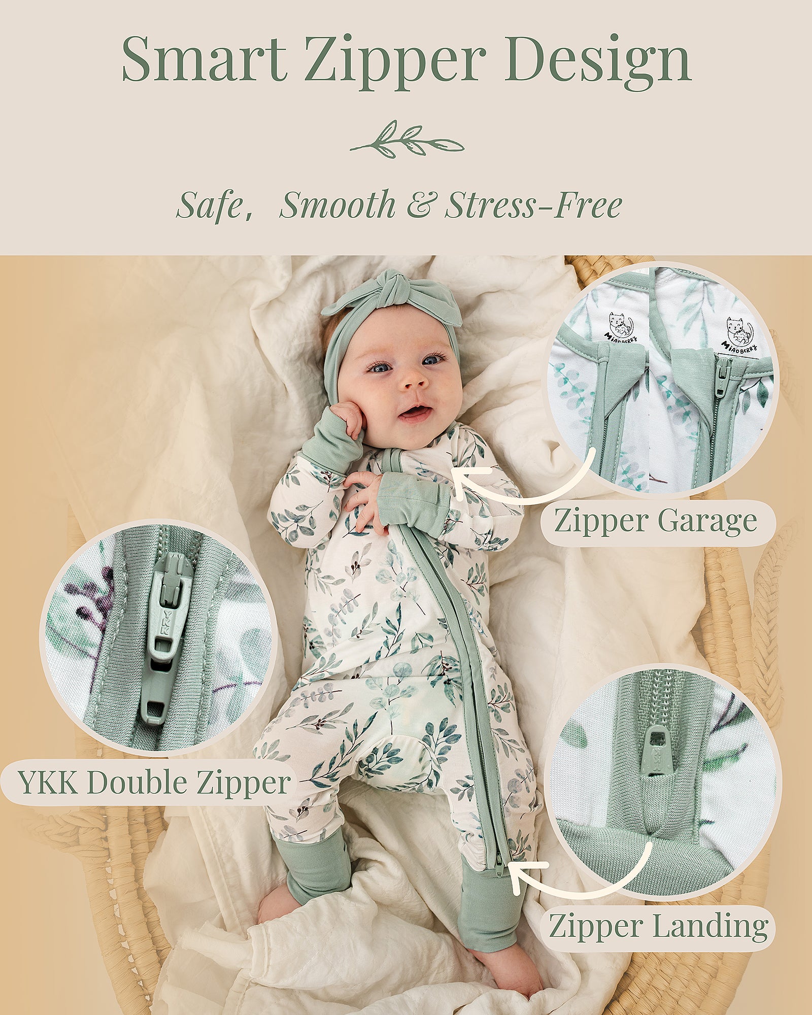 Two-way YKK zipper on Miaoberry bamboo baby sleeper with thoughtful zipper garage and zipper landing