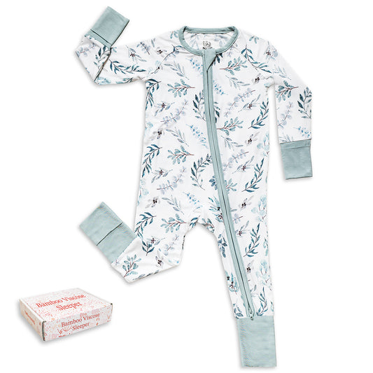 Miaoberry bamboo baby sleeper in eucalyptus greenery print – soft eco-friendly pajamas for boys and girls