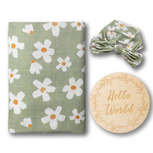 Organic Muslin Swaddle Set with Matching Bow, Daisy