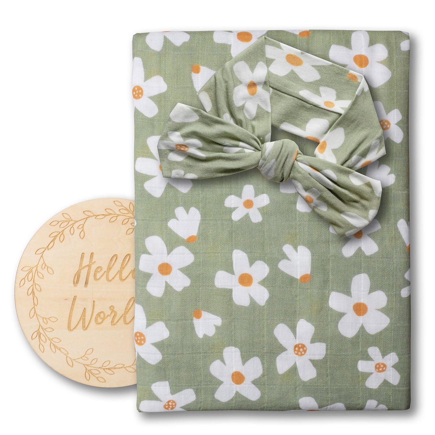 Organic Muslin Swaddle Set with Matching Bow, Daisy