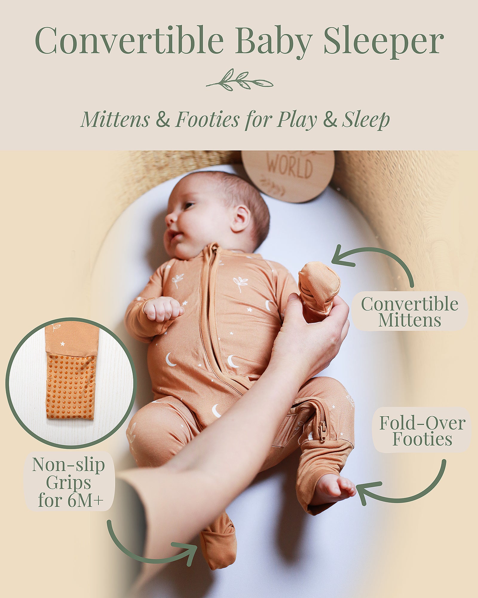 Fold-over mitten and convertible foot cuff detail on bamboo baby sleeper, with non-slip grips for 6 months plus