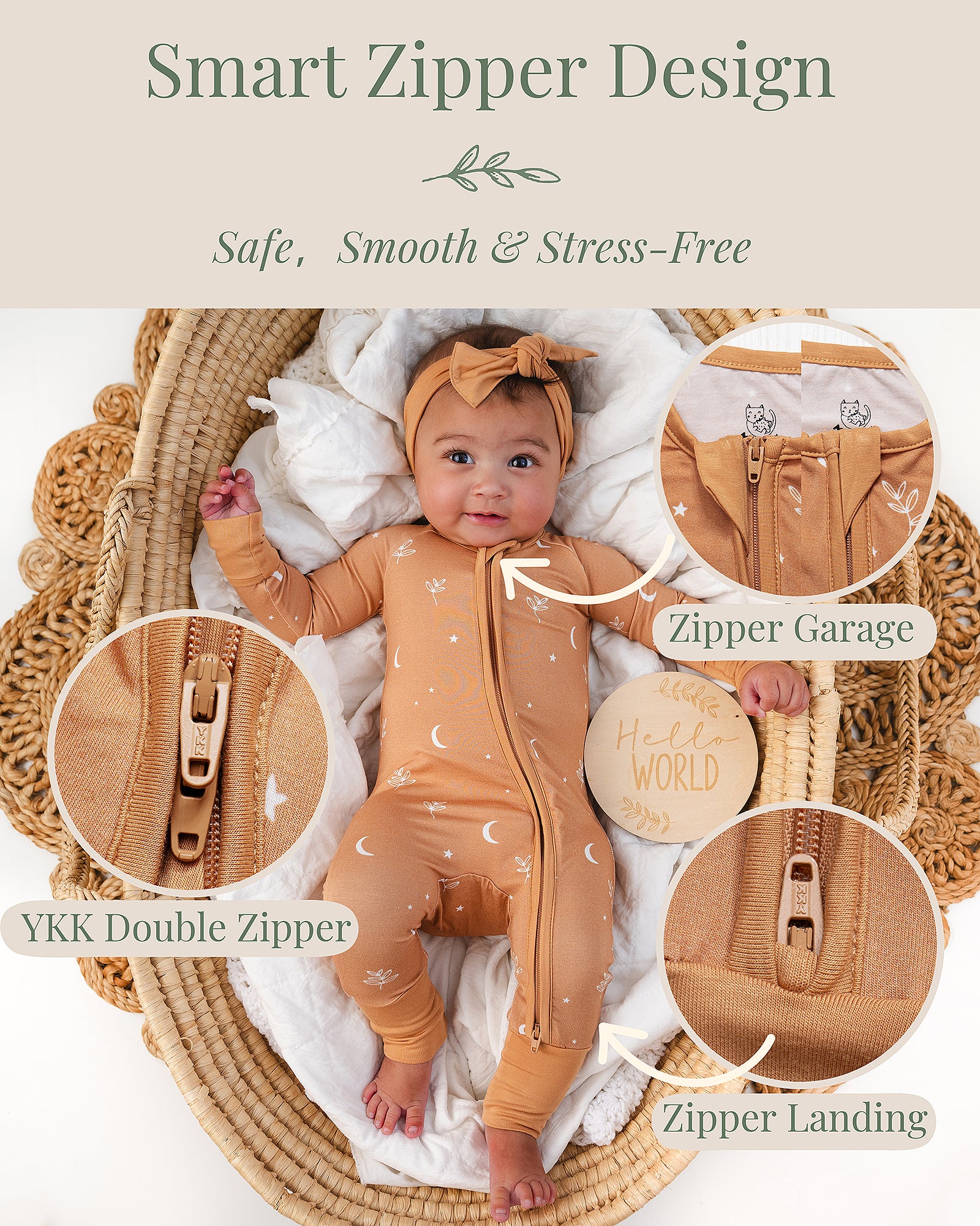 Two-way YKK zipper on Miaoberry bamboo baby sleeper with thoughtful zipper garage and zipper landing