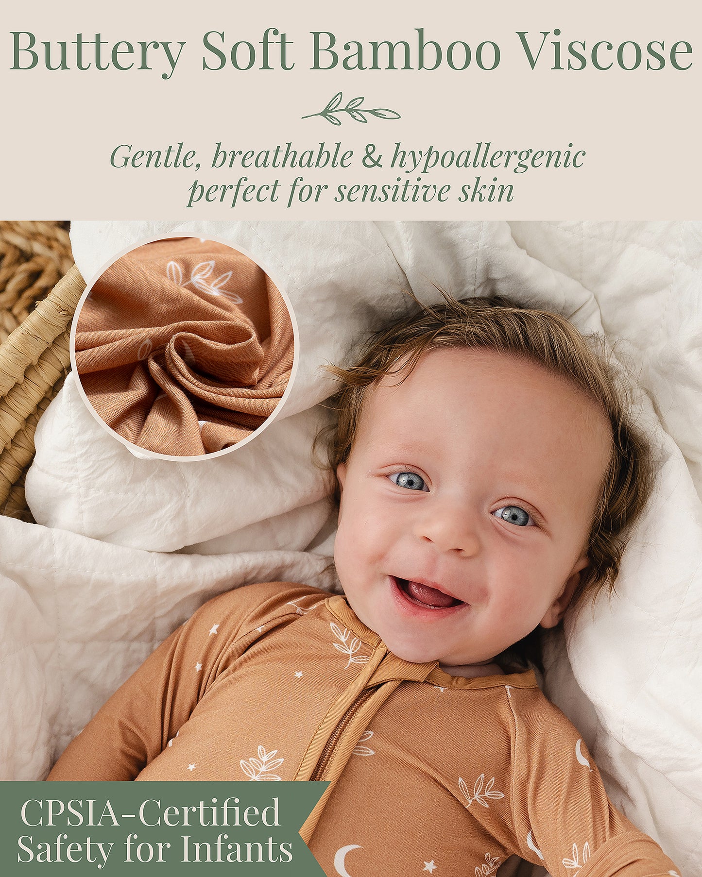 Baby wearing CPSIA Certified safety for infants  bamboo moon leaves sleeper, soft and stretchy grow with baby