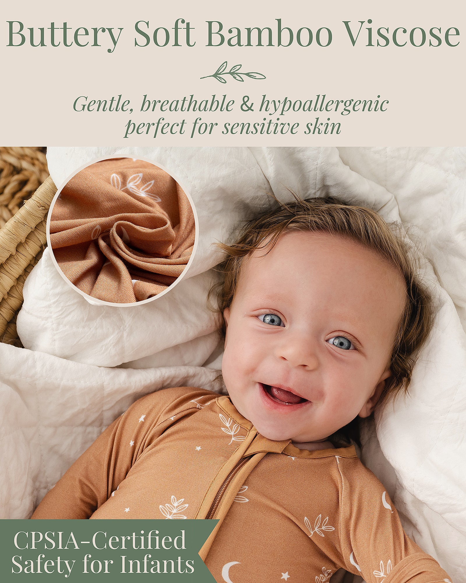 Baby wearing CPSIA Certified safety for infants  bamboo moon leaves sleeper, soft and stretchy grow with baby