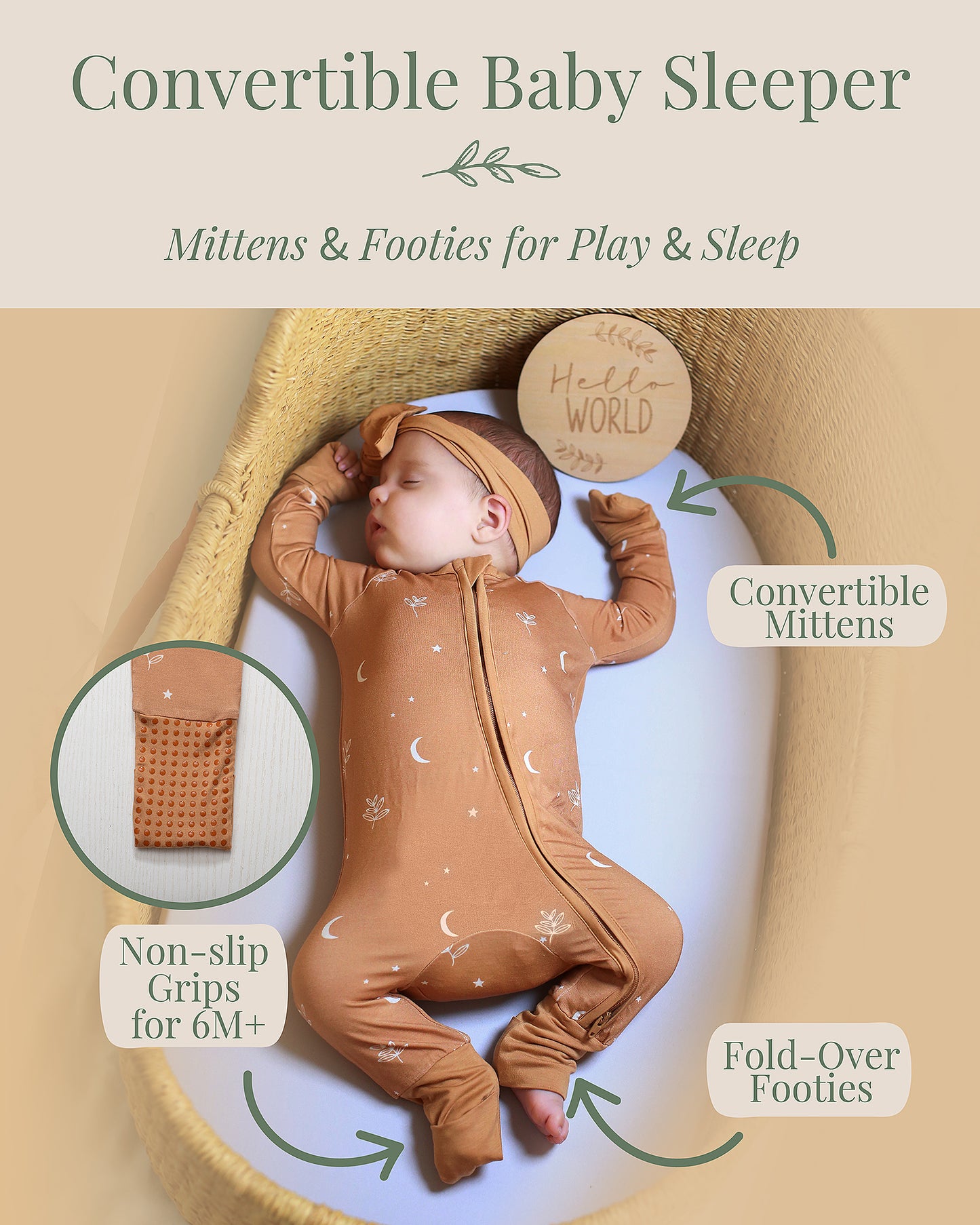 Fold-over mitten and convertible foot cuff detail on bamboo baby sleeper, with non-slip grips for 6 months plus