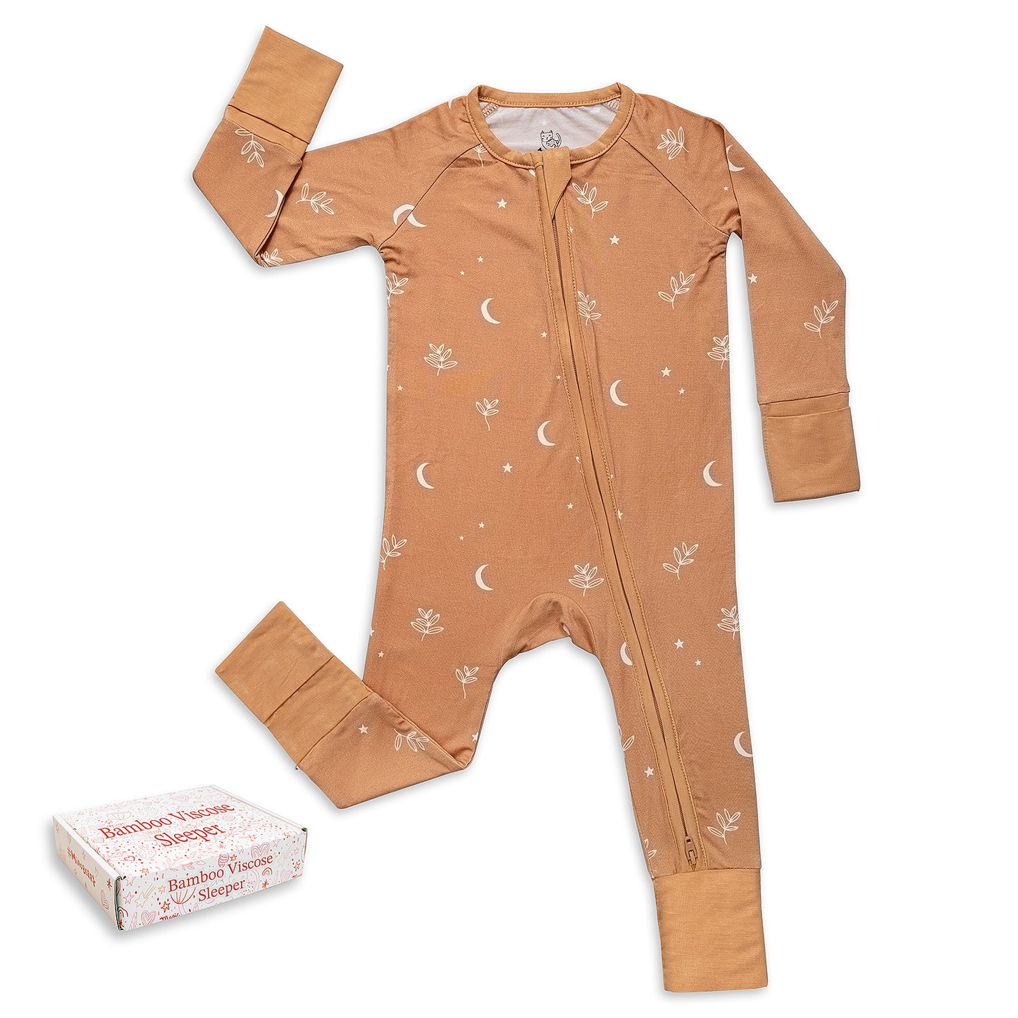 Miaoberry bamboo baby sleeper in moon and leaves print – soft eco-friendly pajamas for boys and girls