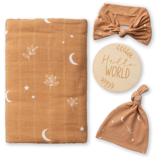 Miaoberry 100% Organic Cotton Baby Muslin Swaddle Blanket Set| Boho Moon in Burnt Orange