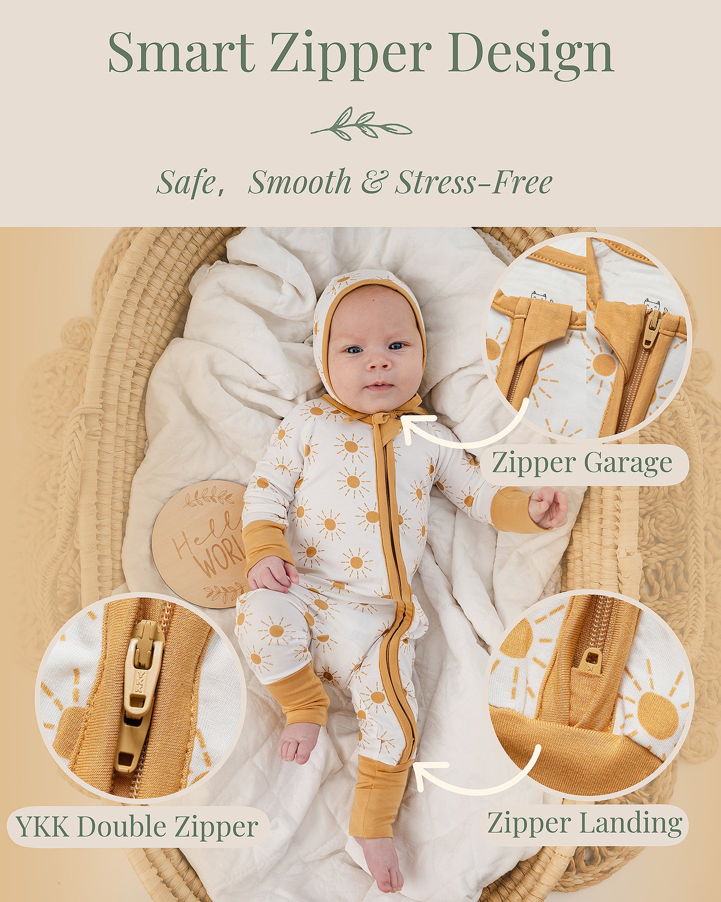 Two-way YKK zipper detail on Miaoberry bamboo baby sleeper with zipper garage to protect baby's neck and chin and zipper landing for easy zipping 