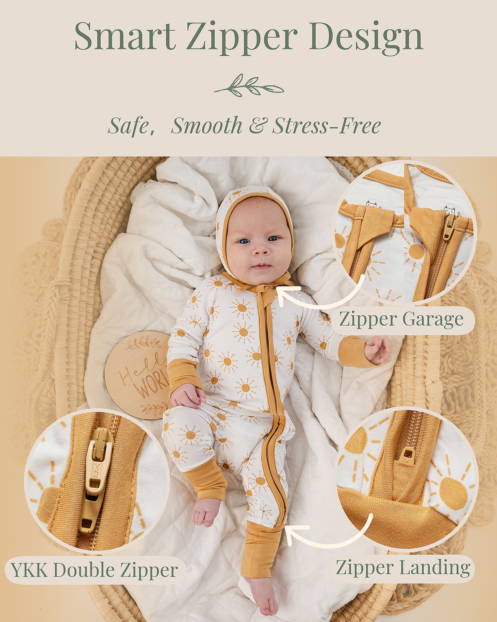 Two-way YKK zipper detail on Miaoberry bamboo baby sleeper with zipper garage to protect baby's neck and chin and zipper landing for easy zipping 