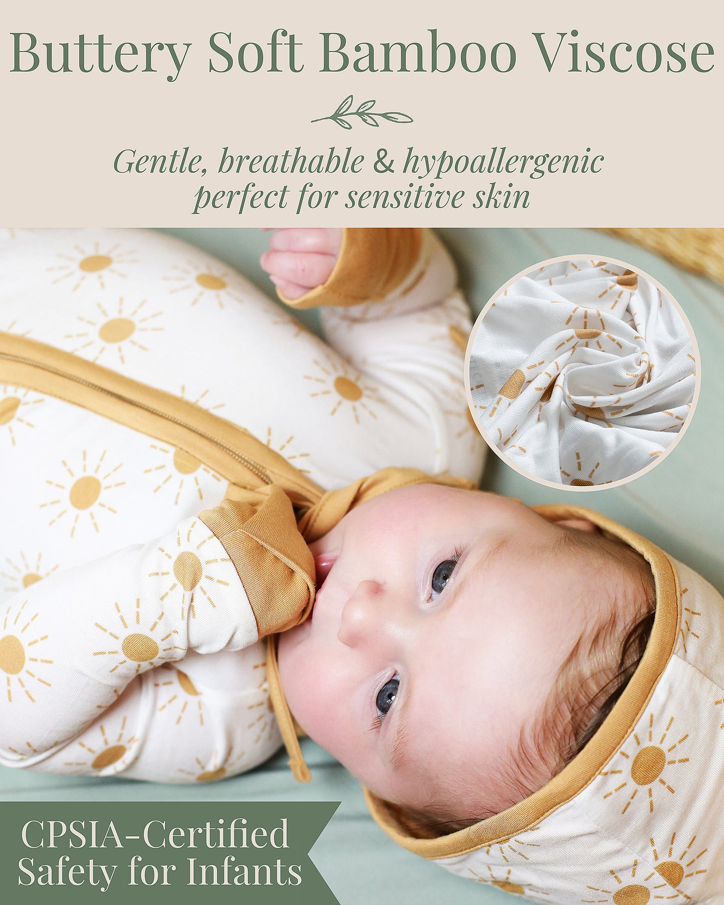 Baby wearing CPSIA Certified safety for infants  bamboo sunshine baby sleeper, soft and stretchy grow with baby