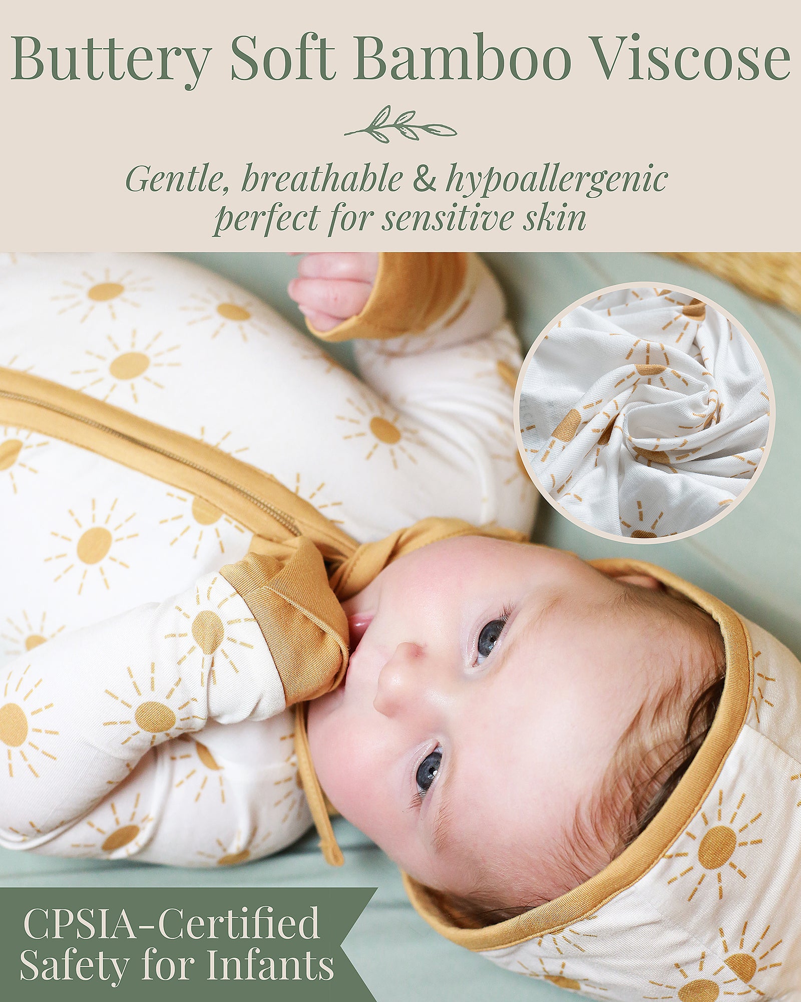 Baby wearing CPSIA Certified safety for infants  bamboo sunshine baby sleeper, soft and stretchy grow with baby