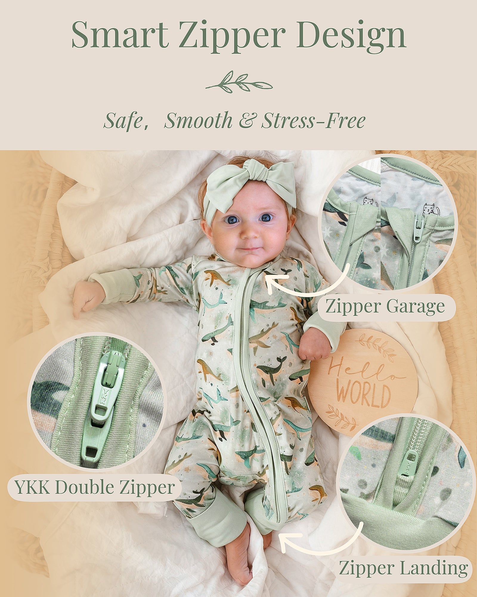 Two-way YKK zipper on Miaoberry bamboo baby sleeper with thoughtful zipper garage and zipper landing