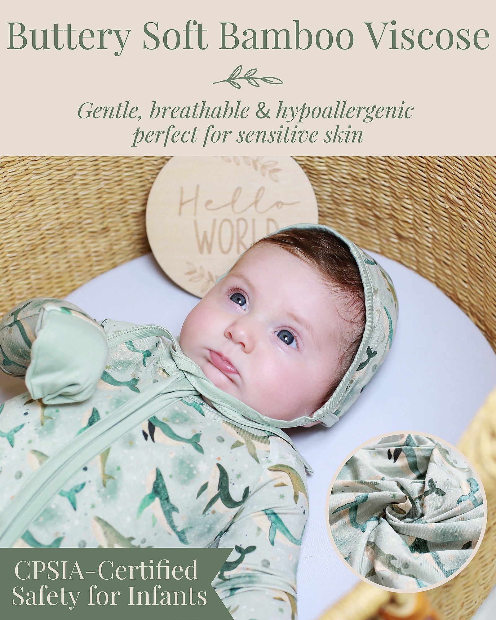 Baby wearing CPSIA Certified safety for infants  bamboo whale under the sea theme sleeper soft and stretchy grow with baby