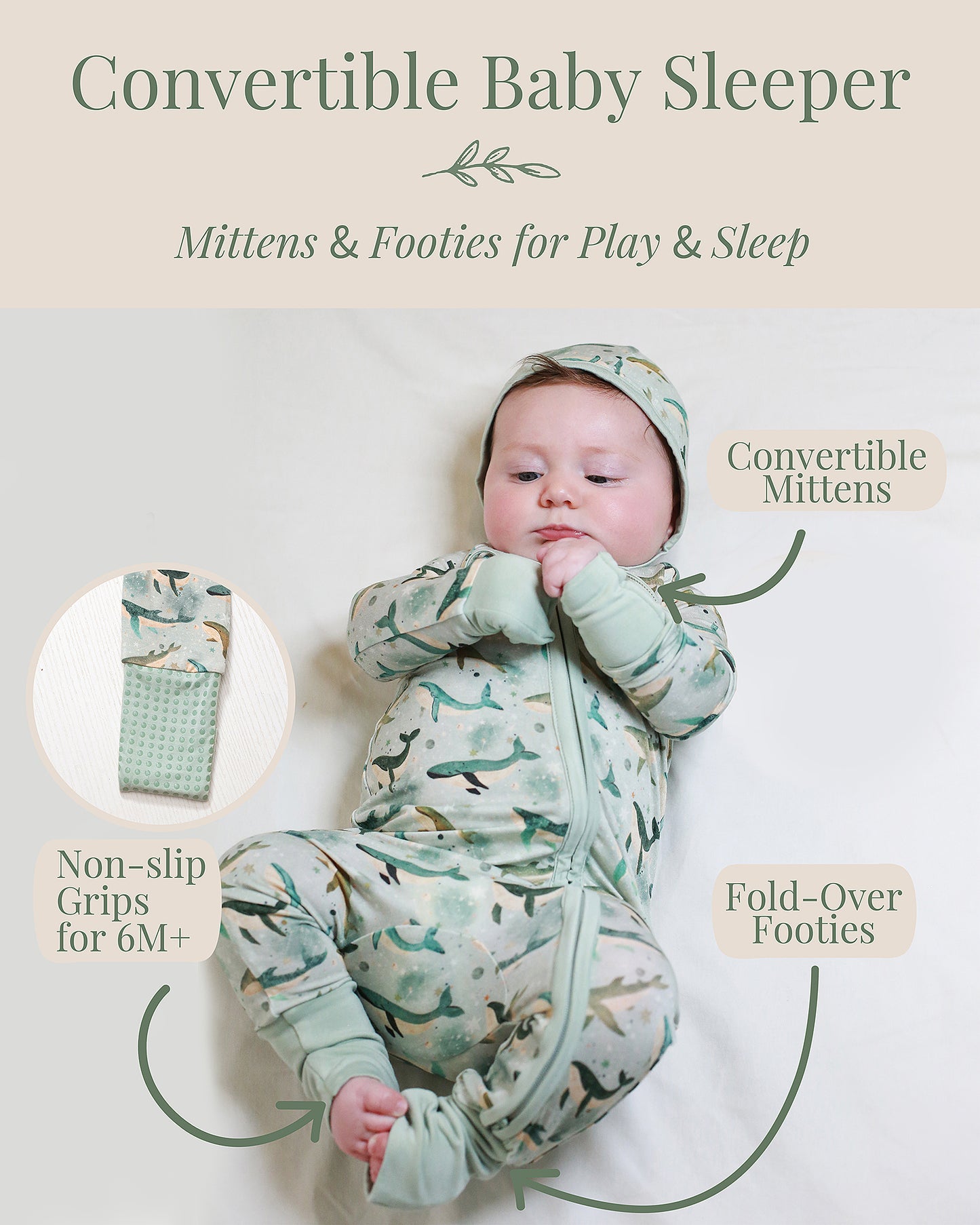 Fold-over mitten and convertible foot cuff detail on bamboo baby sleeper, with non-slip grips for 6 months plus