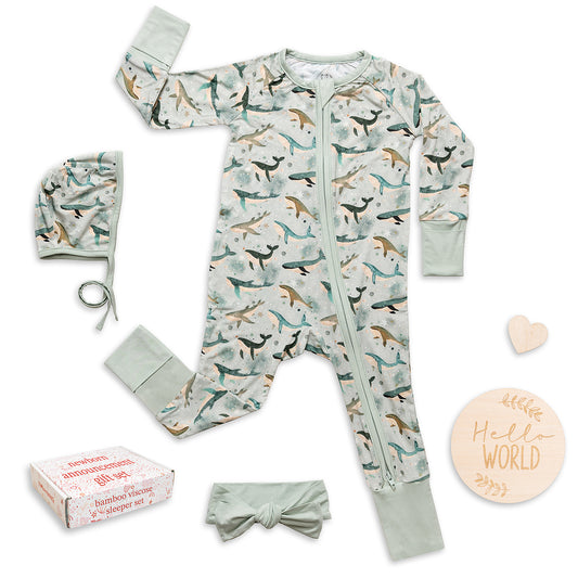 Miaoberry Bamboo Sleeper Newborn Bundle – Whales Under-the-Sea Print
