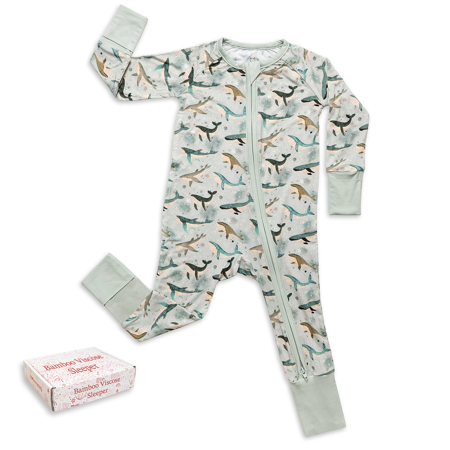 Miaoberry bamboo baby sleeper with whales and sea life print – soft eco-friendly pajamas for boys and girls