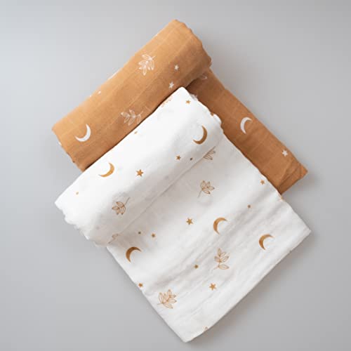 Miaoberry 100% Organic Cotton Baby Muslin Swaddle Blanket Set| Boho Moon in Burnt Orange