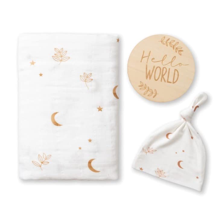 Miaoberry 100% Organic Cotton Baby Muslin Swaddle Blanket Set| Boho Moon in White