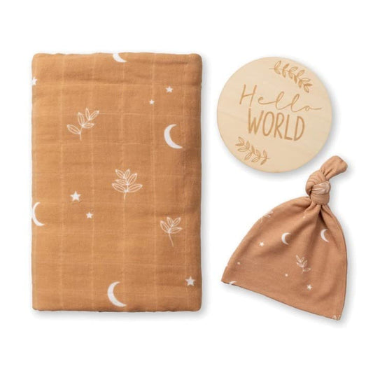 Miaoberry 100% Organic Cotton Baby Muslin Swaddle Blanket Set| Boho Moon in Burnt Orange