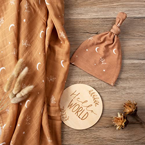 Miaoberry 100% Organic Cotton Baby Muslin Swaddle Blanket Set| Boho Moon in Burnt Orange